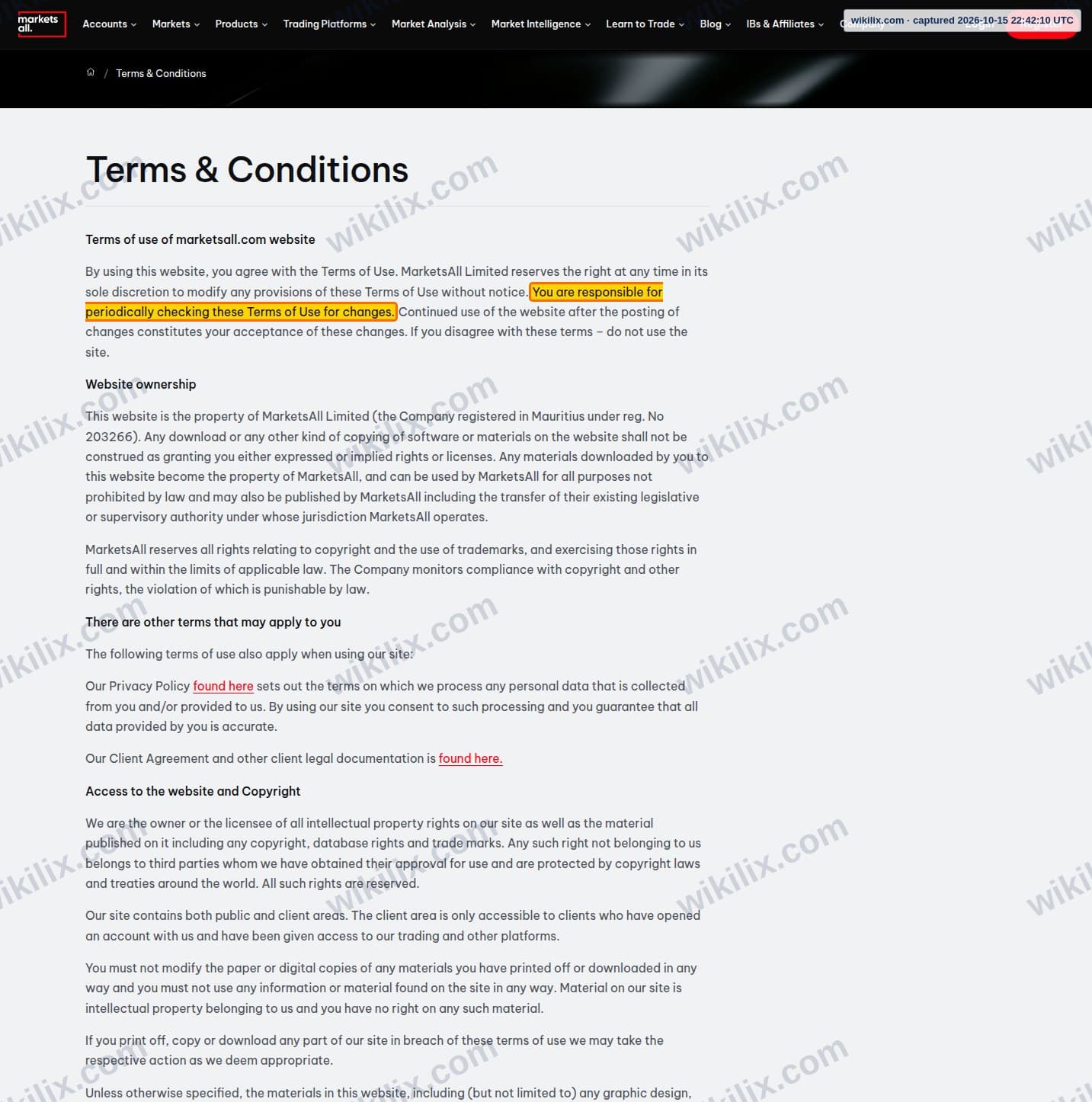 Our full page screenshot of the page this clause sits on, on Marketsall's site marketsall.com, taken on Oct 15, 2026. The quoted words are marked in the image.
