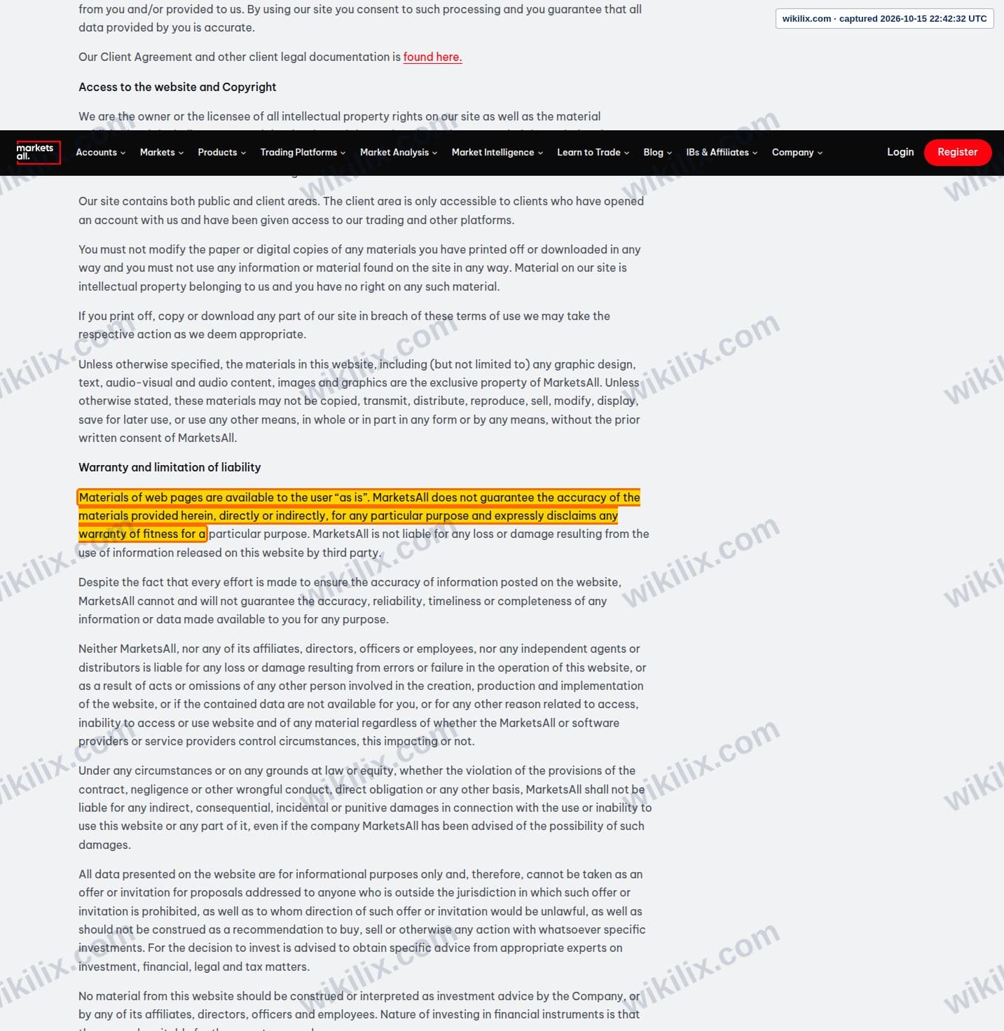 Our full page screenshot of the page this clause sits on, on Marketsall's site marketsall.com, taken on Oct 15, 2026. The quoted words are marked in the image.