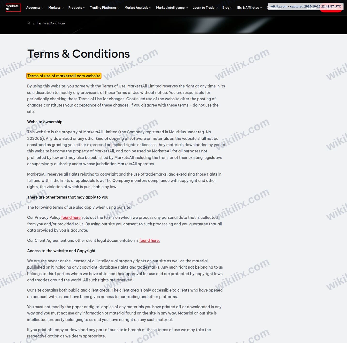 Our full page screenshot of the page this clause sits on, on Marketsall's site marketsall.com, taken on Oct 15, 2026. The quoted words are marked in the image.