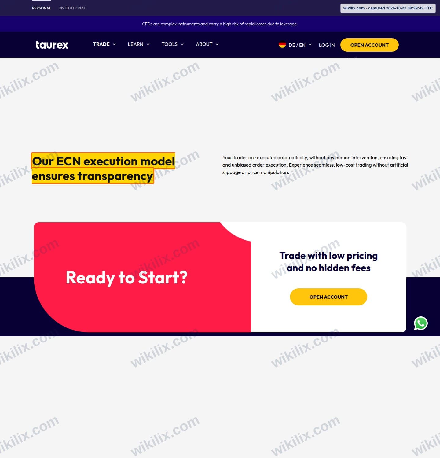 Our full page screenshot of the page that makes this promise, on Taurex's site taurex.asia, taken on Oct 22, 2026. The quoted words are marked in the image.