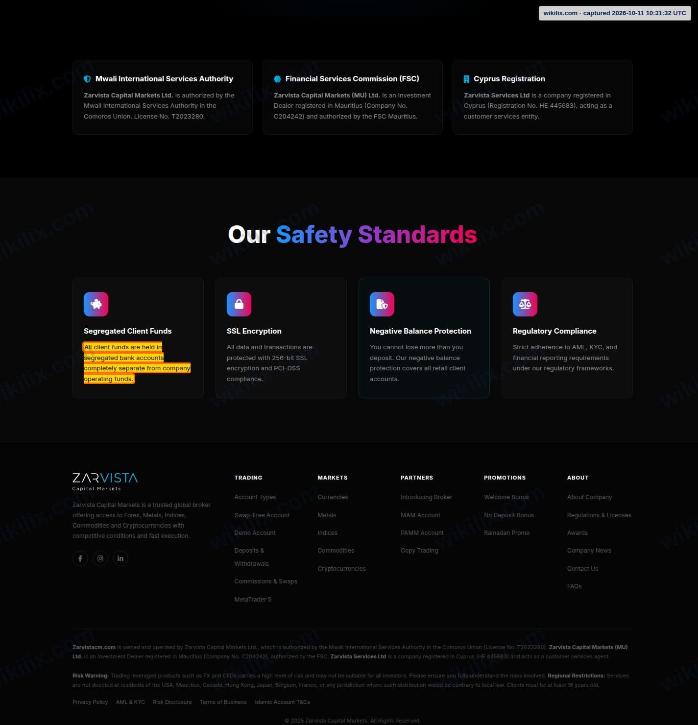 Our full page screenshot of the page that makes this promise, on ZarVista's site zarvistacm.com, taken on Oct 11, 2026. The quoted words are marked in the image.