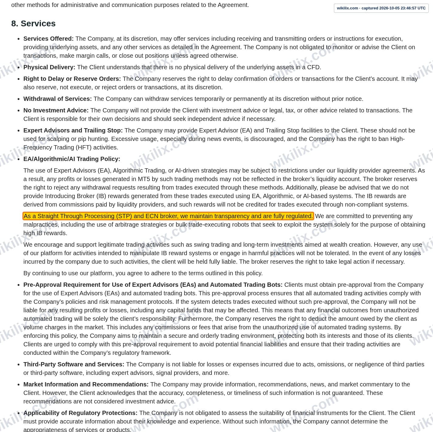 Our full page screenshot of the page that makes this promise, on Morfin FX's site morfinfx.com, taken on Oct 5, 2026. The quoted words are marked in the image.