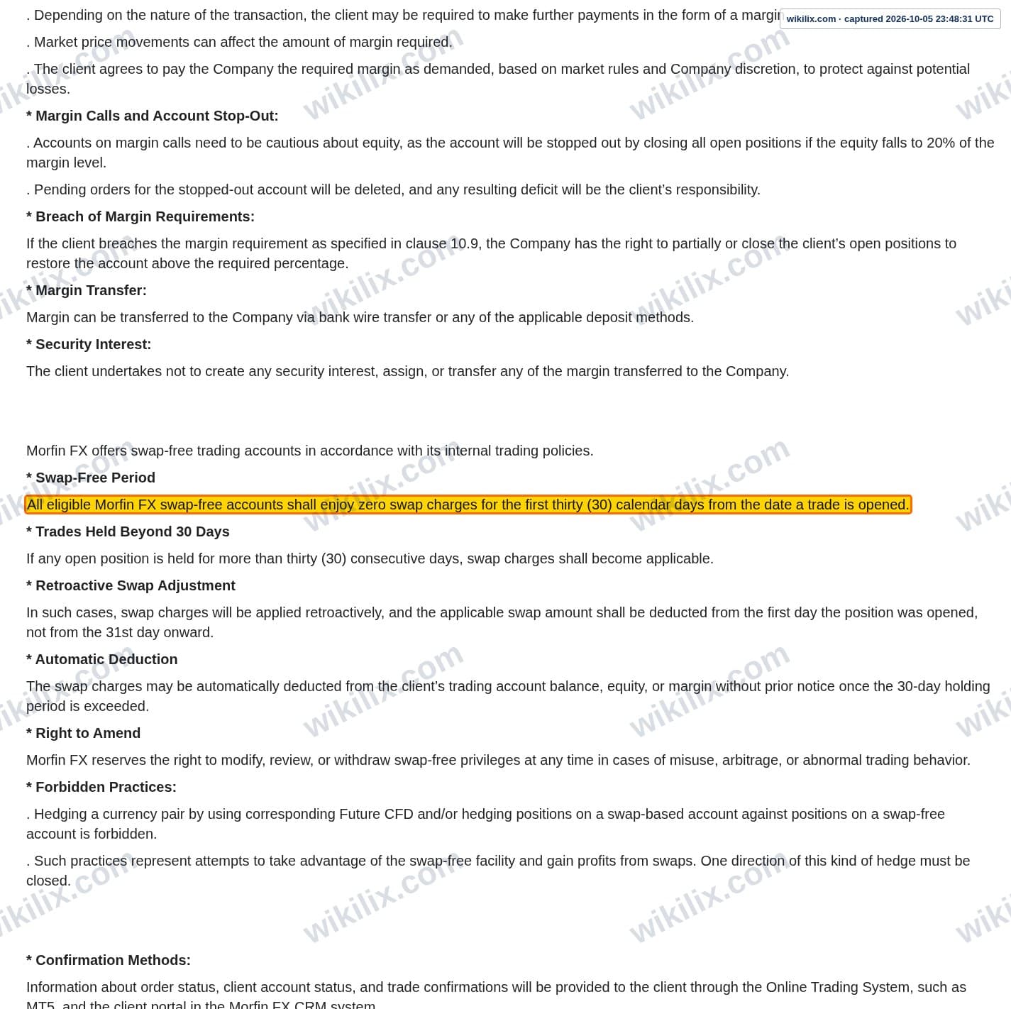 Our full page screenshot of the page this clause sits on, on Morfin FX's site morfinfx.com, taken on Oct 5, 2026. The quoted words are marked in the image.