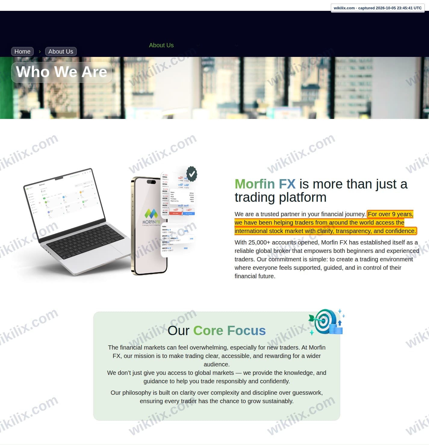 Our full page screenshot of the page that makes this promise, on Morfin FX's site morfinfx.com, taken on Oct 5, 2026. The quoted words are marked in the image.