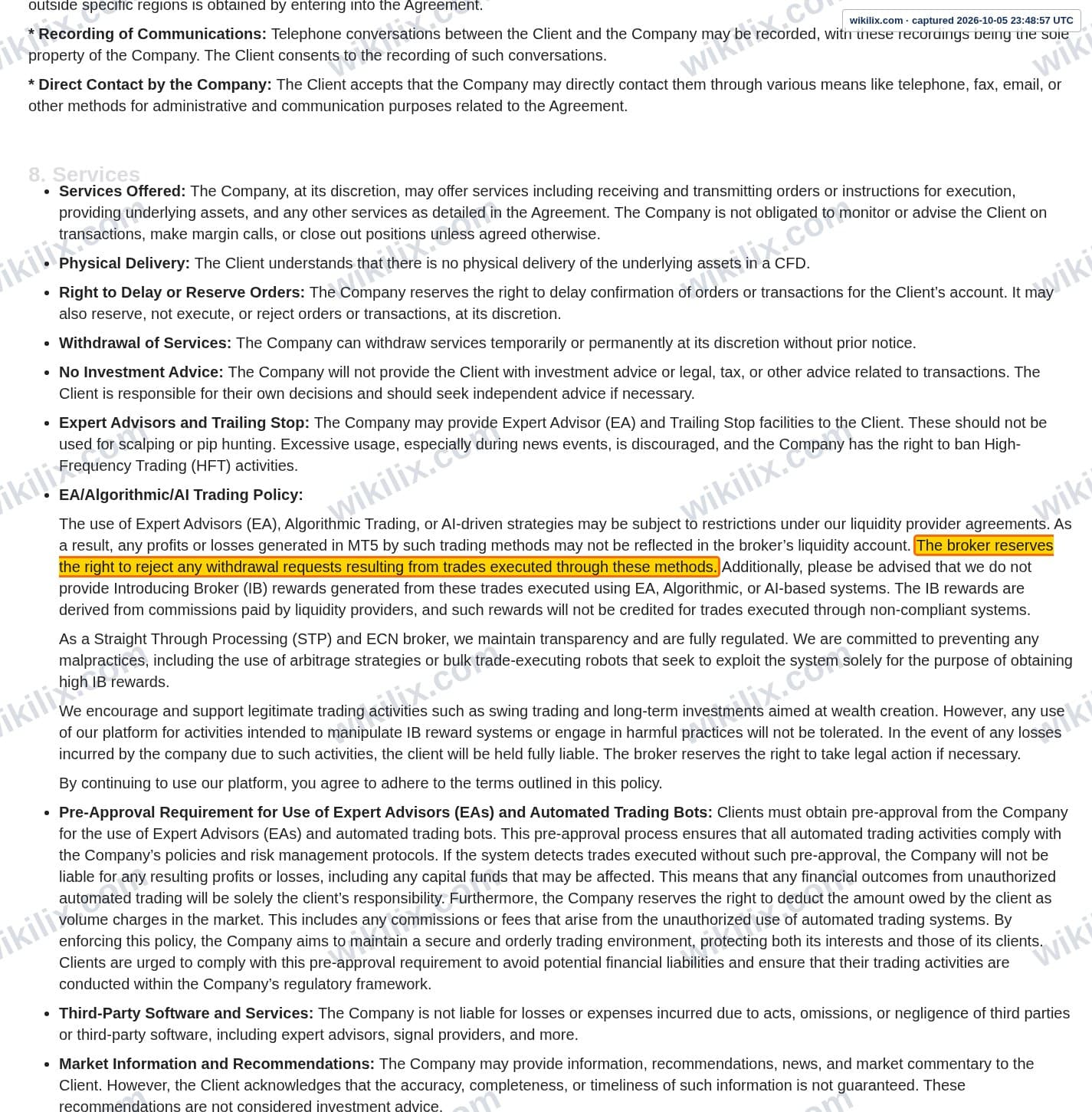Our full page screenshot of the page this clause sits on, on Morfin FX's site morfinfx.com, taken on Oct 5, 2026. The quoted words are marked in the image.