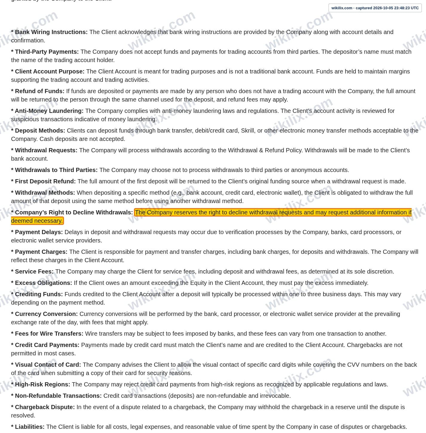 Our full page screenshot of the page this clause sits on, on Morfin FX's site morfinfx.com, taken on Oct 5, 2026. The quoted words are marked in the image.