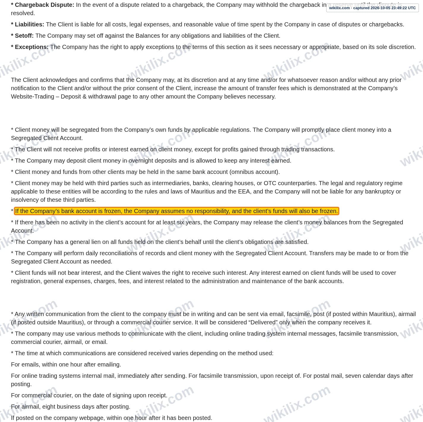 Our full page screenshot of the page this clause sits on, on Morfin FX's site morfinfx.com, taken on Oct 5, 2026. The quoted words are marked in the image.