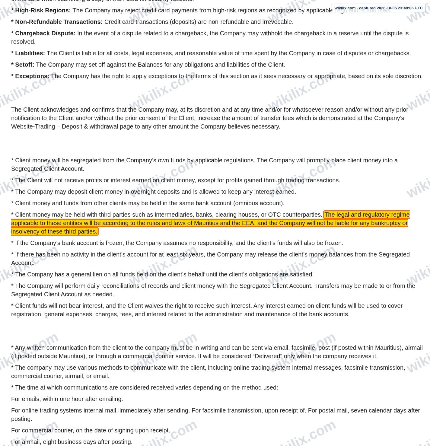 Our full page screenshot of the page this clause sits on, on Morfin FX's site morfinfx.com, taken on Oct 5, 2026. The quoted words are marked in the image.