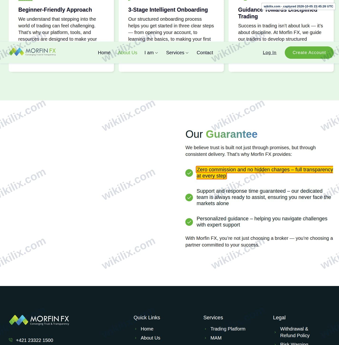 Our full page screenshot of the page that makes this promise, on Morfin FX's site morfinfx.com, taken on Oct 5, 2026. The quoted words are marked in the image.