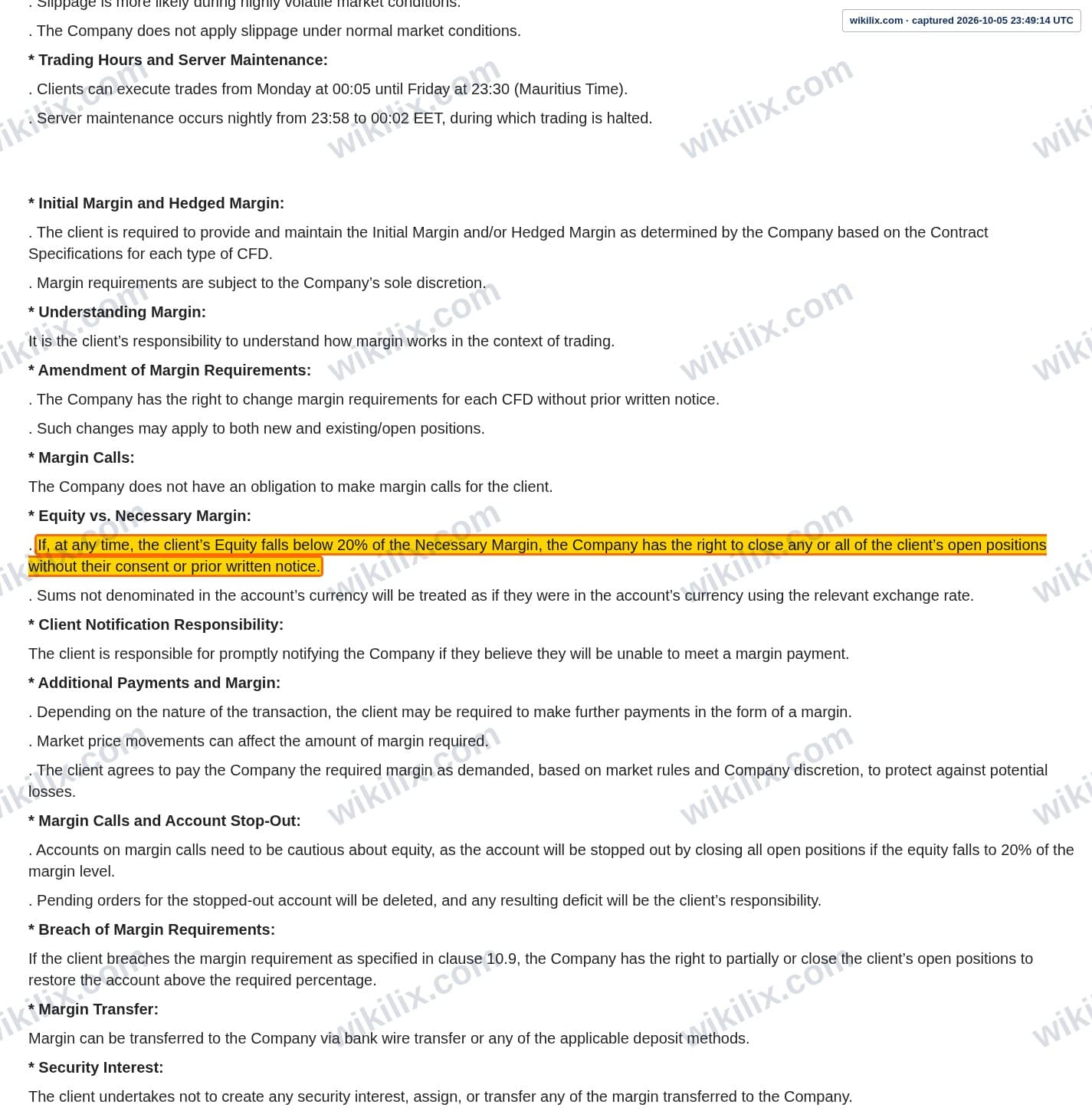 Our full page screenshot of the page this clause sits on, on Morfin FX's site morfinfx.com, taken on Oct 5, 2026. The quoted words are marked in the image.