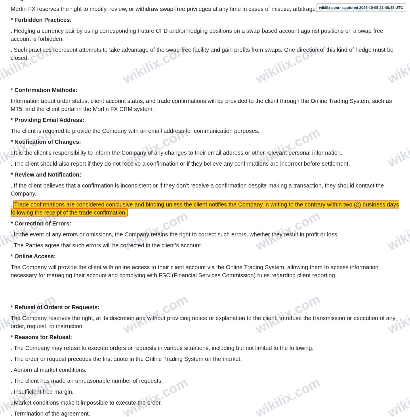 Our full page screenshot of the page this clause sits on, on Morfin FX's site morfinfx.com, taken on Oct 5, 2026. The quoted words are marked in the image.