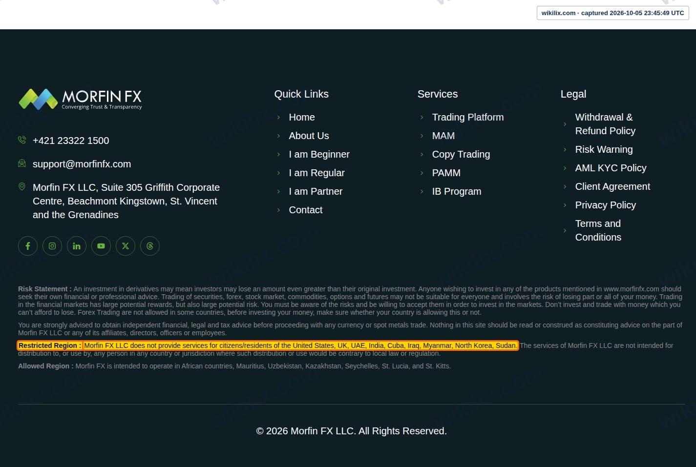 Our full page screenshot of the page this clause sits on, on Morfin FX's site morfinfx.com, taken on Oct 5, 2026. The quoted words are marked in the image.