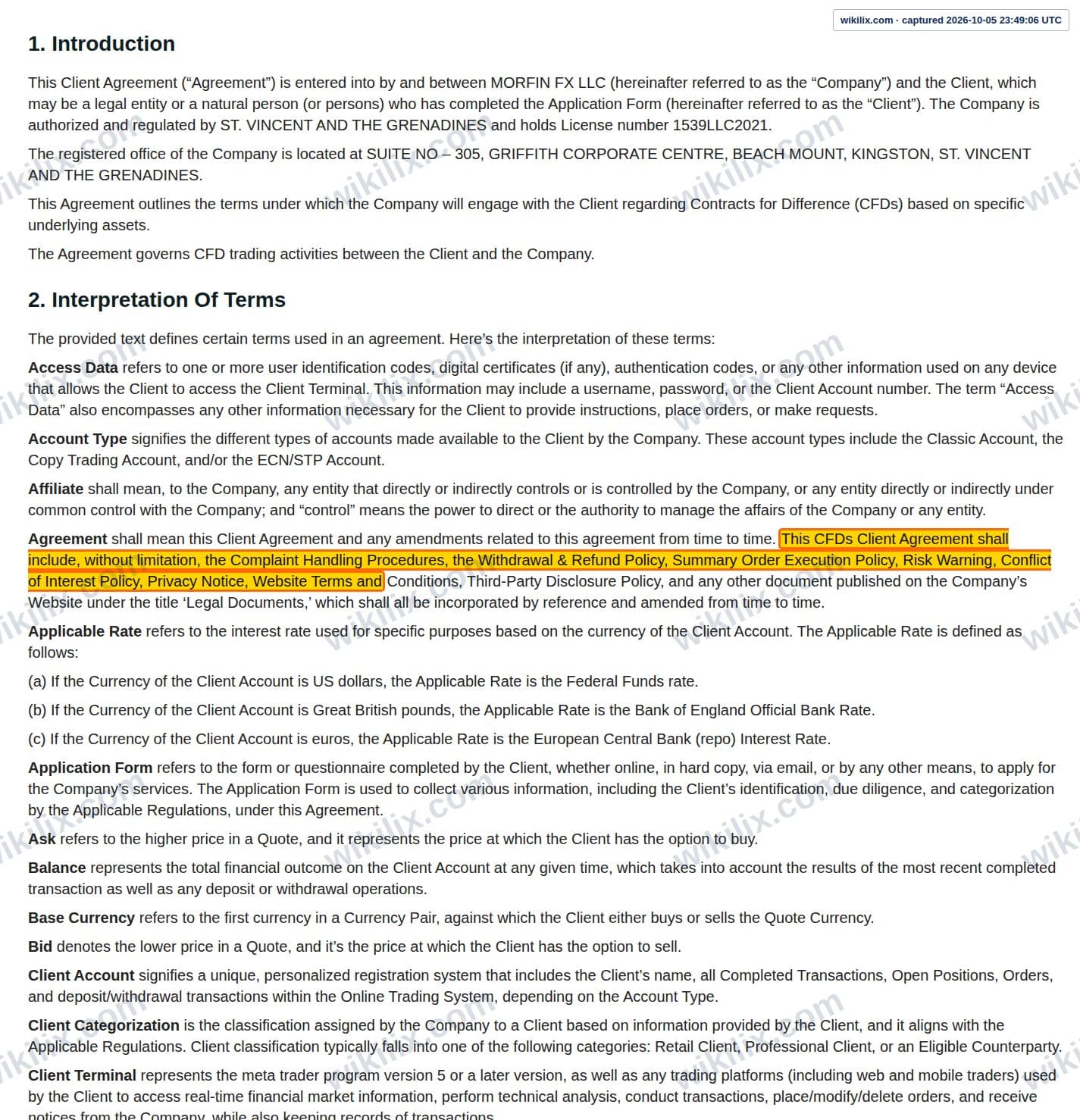 Our full page screenshot of the page this clause sits on, on Morfin FX's site morfinfx.com, taken on Oct 5, 2026. The quoted words are marked in the image.