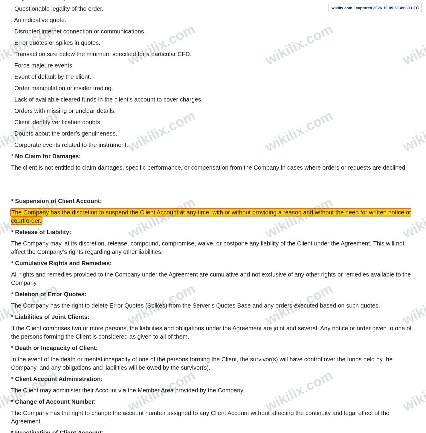 Our full page screenshot of the page this clause sits on, on Morfin FX's site morfinfx.com, taken on Oct 5, 2026. The quoted words are marked in the image.