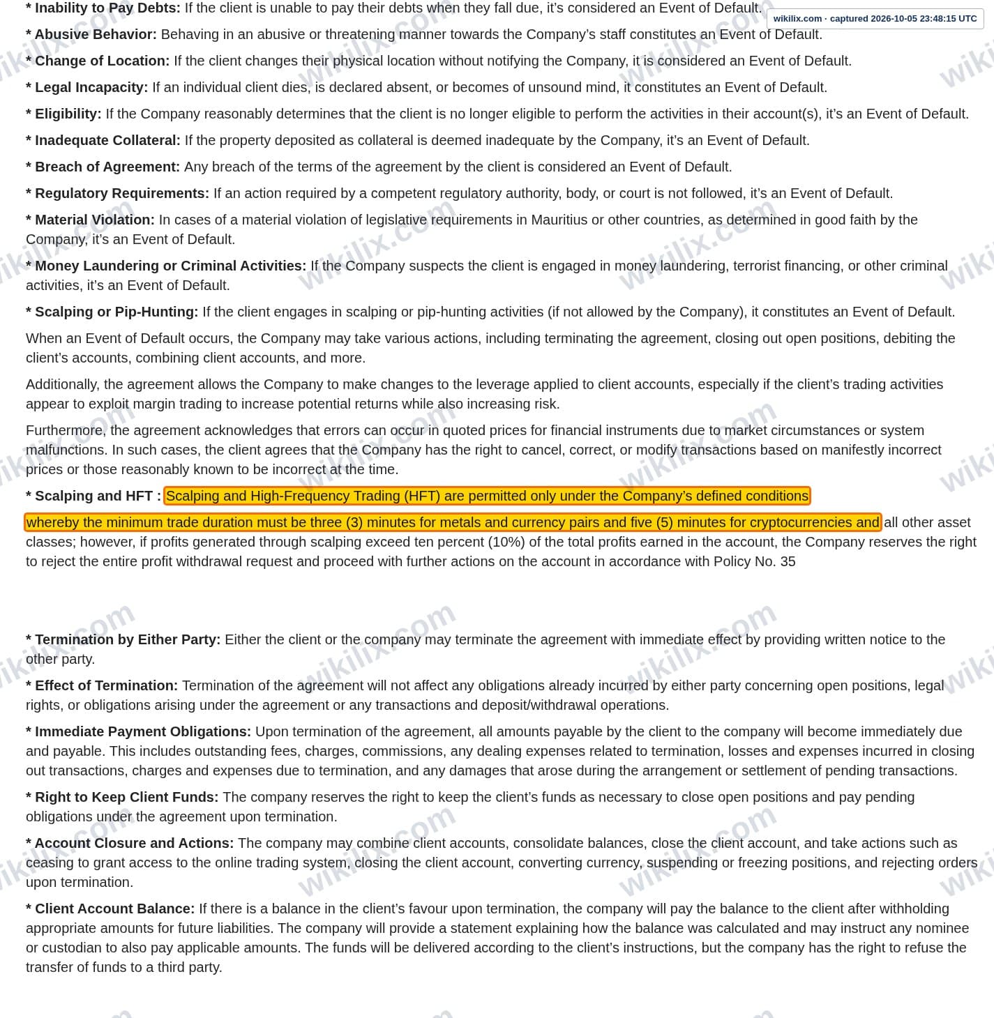 Our full page screenshot of the page this clause sits on, on Morfin FX's site morfinfx.com, taken on Oct 5, 2026. The quoted words are marked in the image.