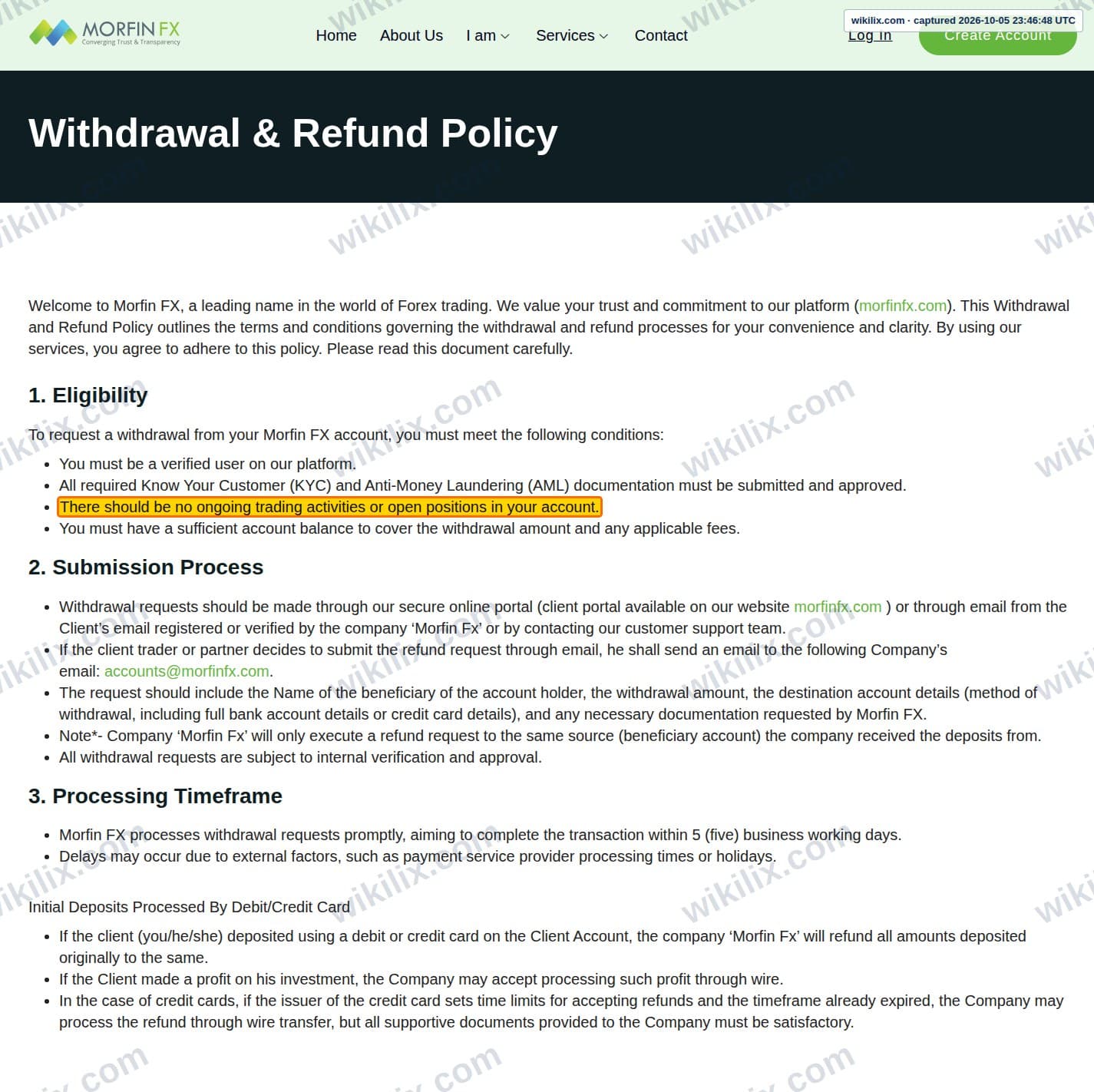 Our full page screenshot of the page this clause sits on, on Morfin FX's site morfinfx.com, taken on Oct 5, 2026. The quoted words are marked in the image.