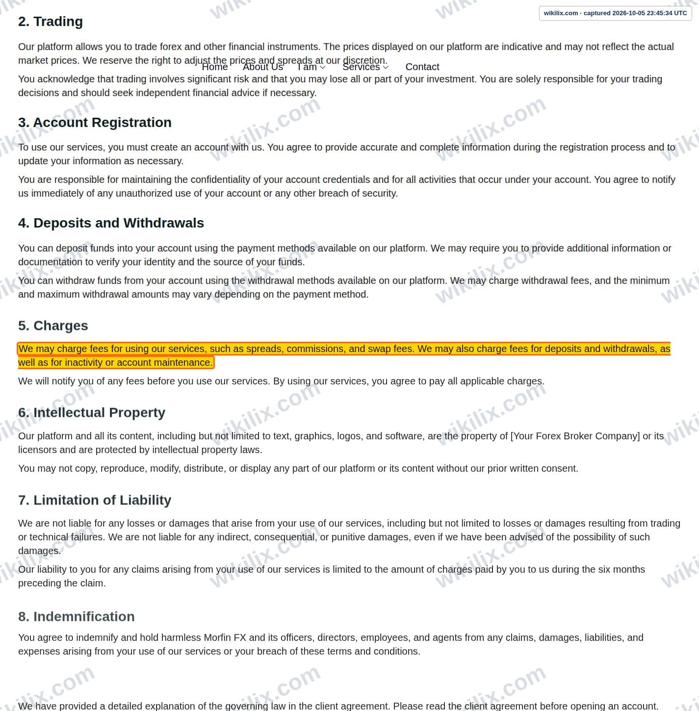 Our full page screenshot of the page this clause sits on, on Morfin FX's site morfinfx.com, taken on Oct 5, 2026. The quoted words are marked in the image.