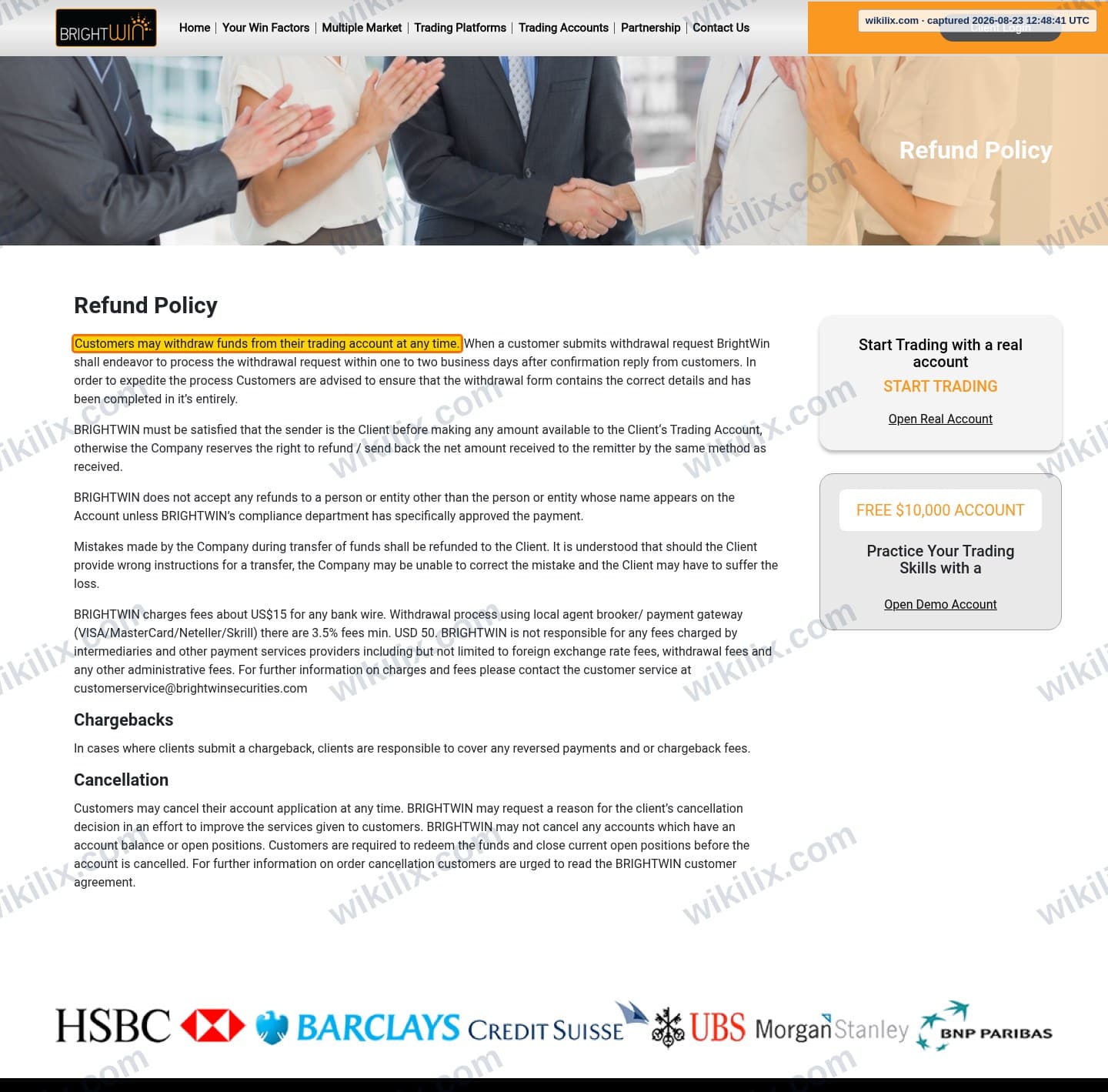 Our full page screenshot of the page that makes this promise, on BrightWin's site brightwinfinance.com, taken on Aug 23, 2026. The quoted words are marked in the image.