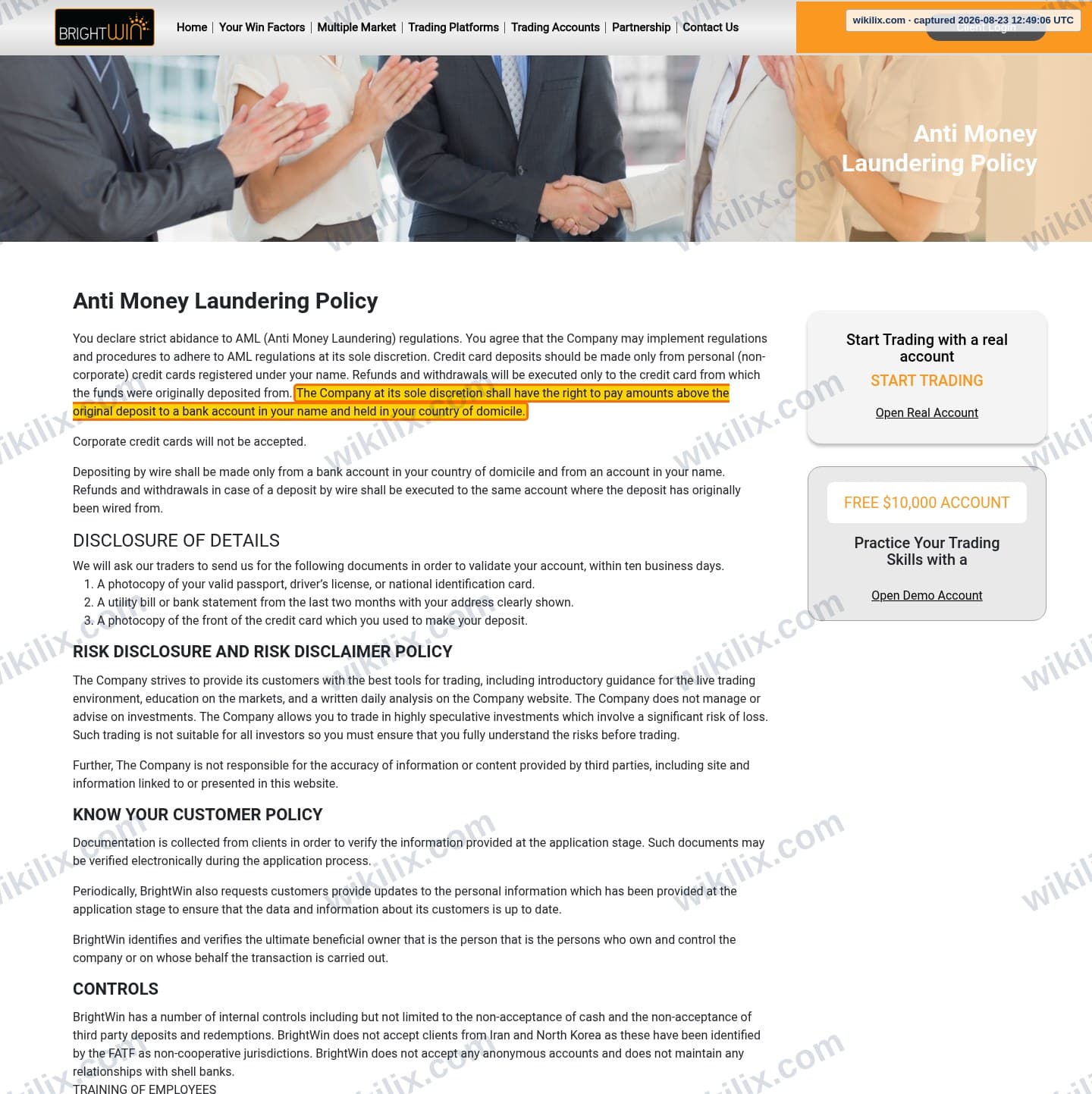 Our full page screenshot of the page this clause sits on, on BrightWin's site brightwinfinance.com, taken on Aug 23, 2026. The quoted words are marked in the image.