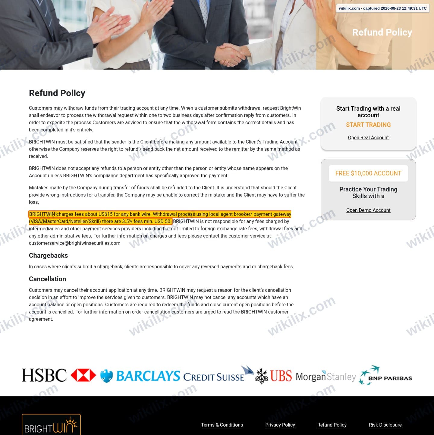 Our full page screenshot of the page this clause sits on, on BrightWin's site brightwinfinance.com, taken on Aug 23, 2026. The quoted words are marked in the image.