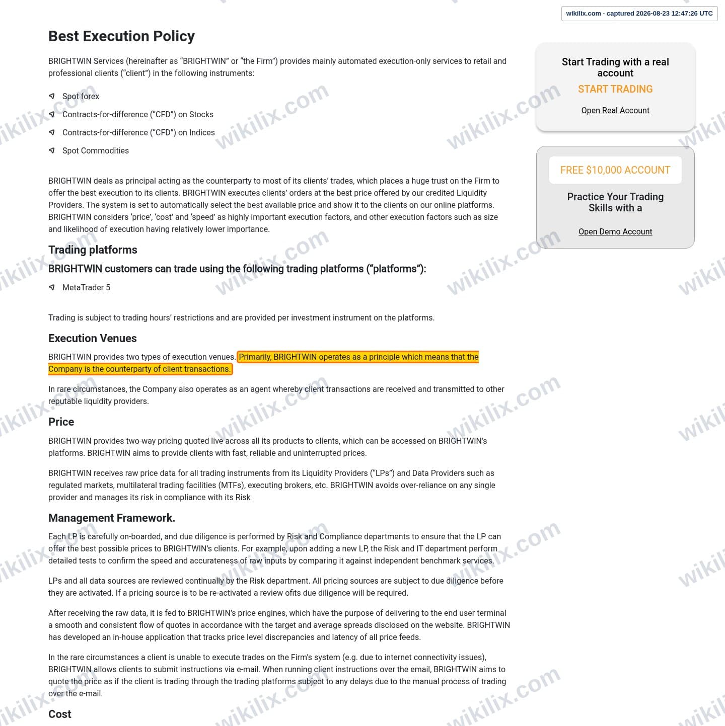 Our full page screenshot of the page this clause sits on, on BrightWin's site brightwinfinance.com, taken on Aug 23, 2026. The quoted words are marked in the image.