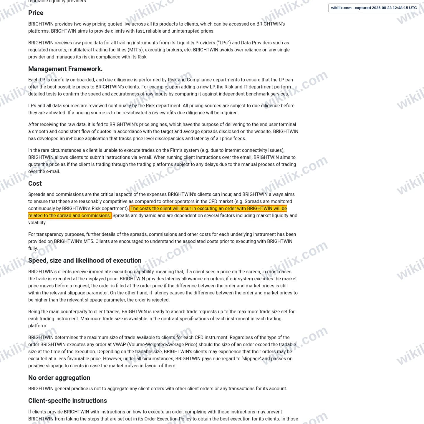 Our full page screenshot of the page this clause sits on, on BrightWin's site brightwinfinance.com, taken on Aug 23, 2026. The quoted words are marked in the image.