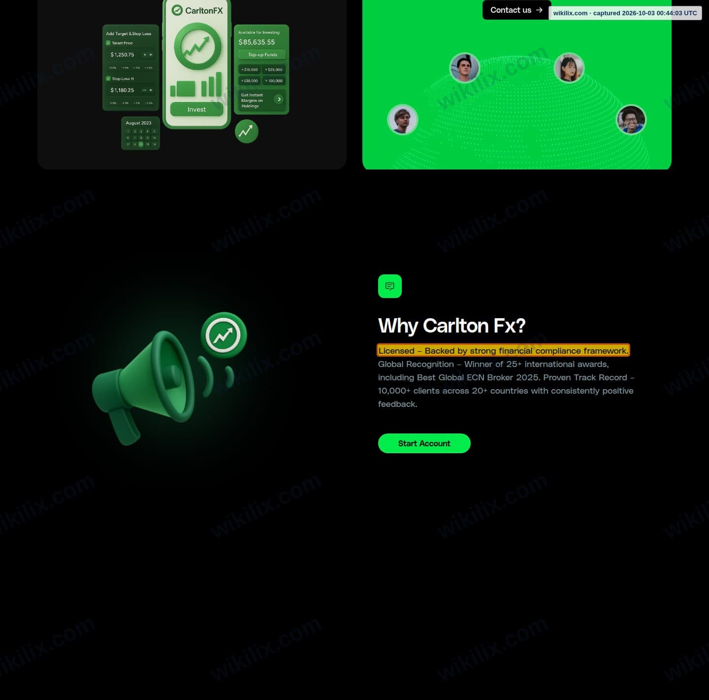 Our full page screenshot of the page that makes this promise, on CARLTON's site carltonfx.com, taken on Oct 3, 2026. The quoted words are marked in the image.