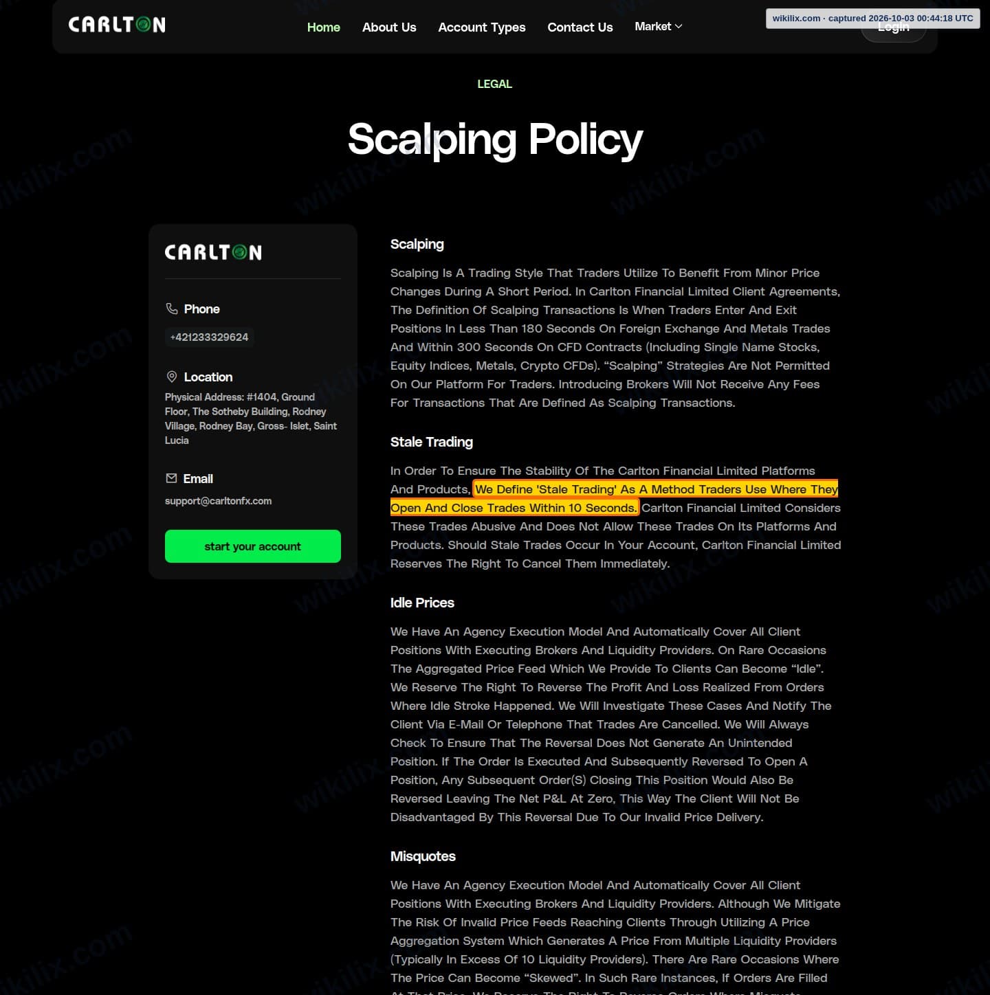 Our full page screenshot of the page this clause sits on, on CARLTON's site carltonfx.com, taken on Oct 3, 2026. The quoted words are marked in the image.