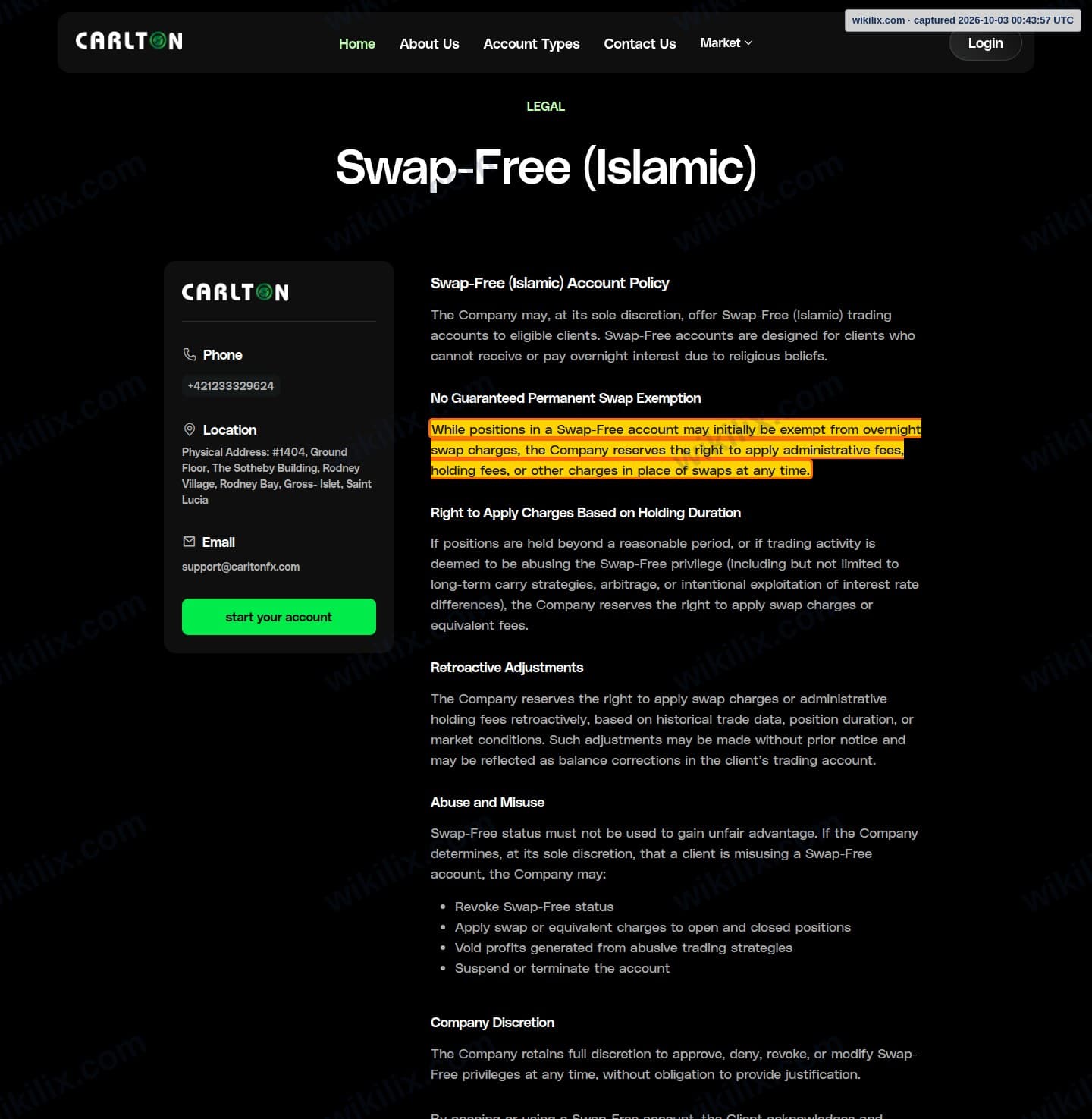 Our full page screenshot of the page this clause sits on, on CARLTON's site carltonfx.com, taken on Oct 3, 2026. The quoted words are marked in the image.
