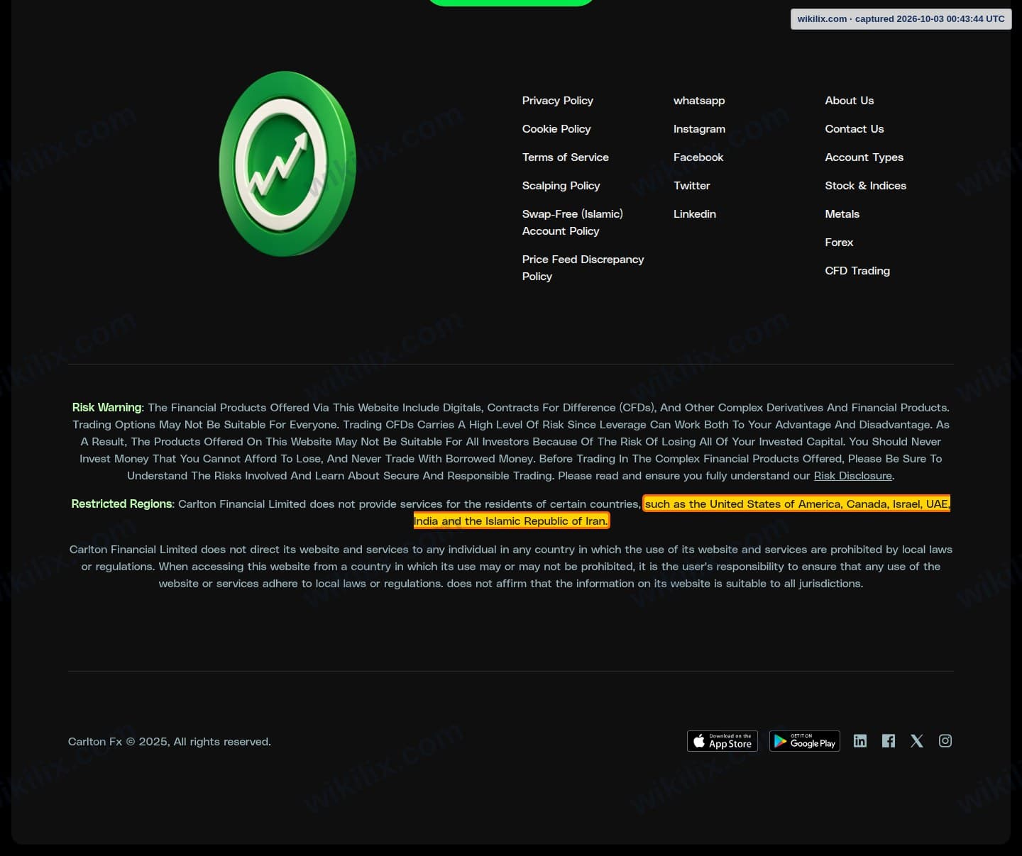 Our full page screenshot of the page this clause sits on, on CARLTON's site carltonfx.com, taken on Oct 3, 2026. The quoted words are marked in the image.