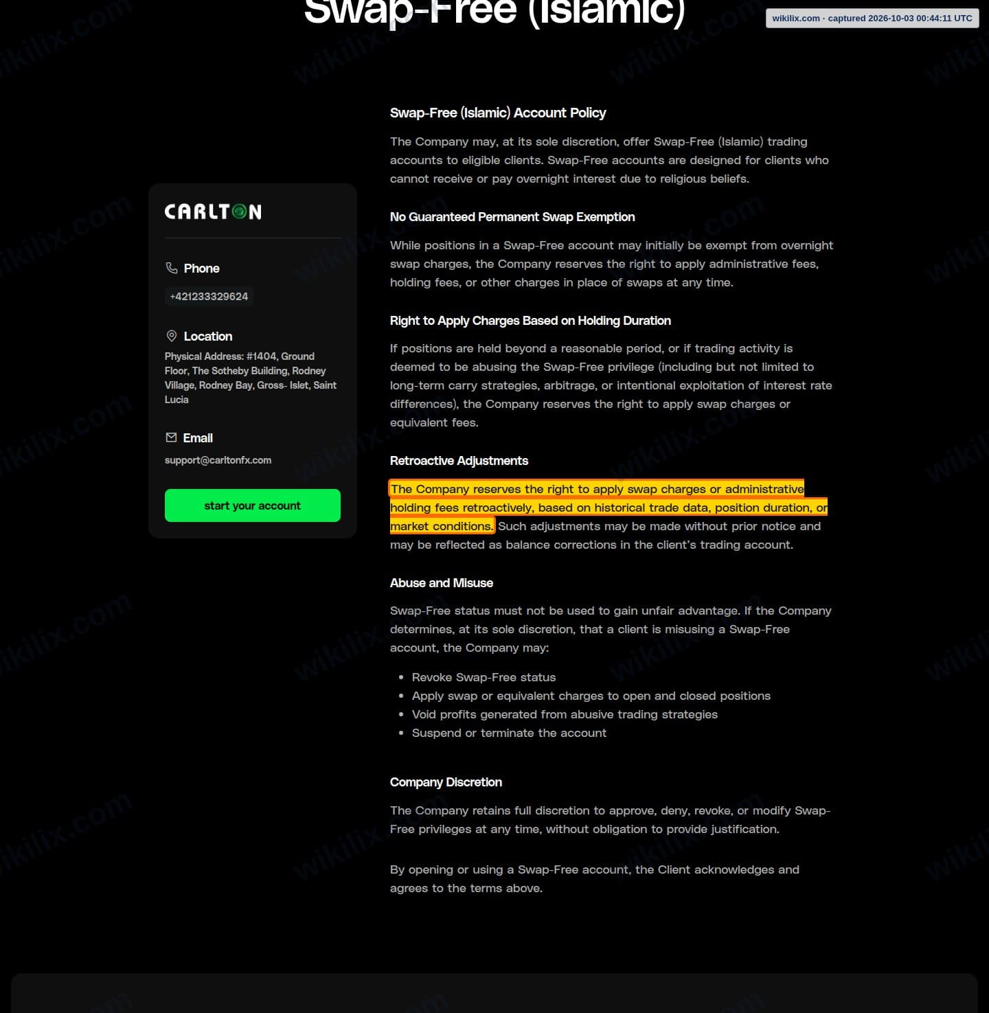 Our full page screenshot of the page this clause sits on, on CARLTON's site carltonfx.com, taken on Oct 3, 2026. The quoted words are marked in the image.