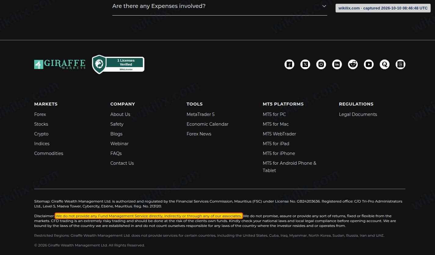 Our full page screenshot of the page this clause sits on, on GIRAFFE MARKETS's site giraffemarkets.com, taken on Oct 10, 2026. The quoted words are marked in the image.