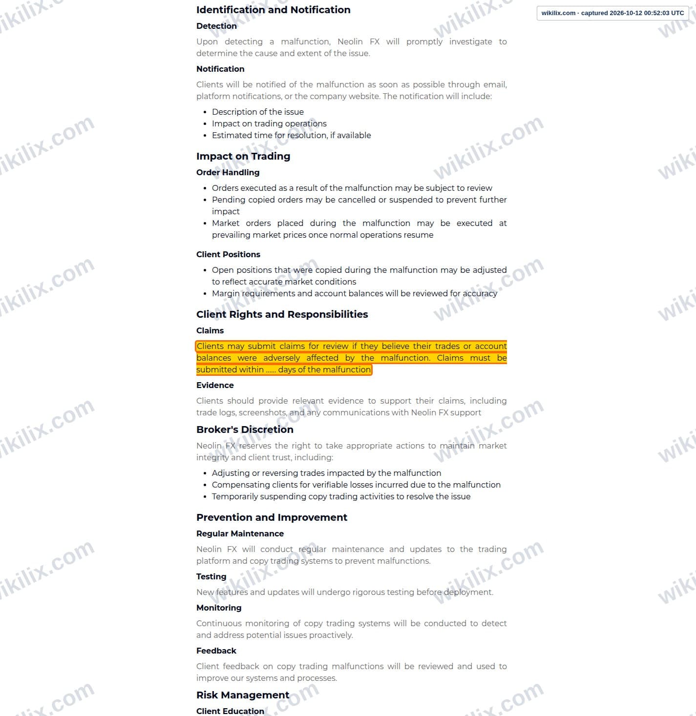 Our full page screenshot of the page this clause sits on, on NEOLINFX's site neolinfx.com, taken on Oct 12, 2026. The quoted words are marked in the image.