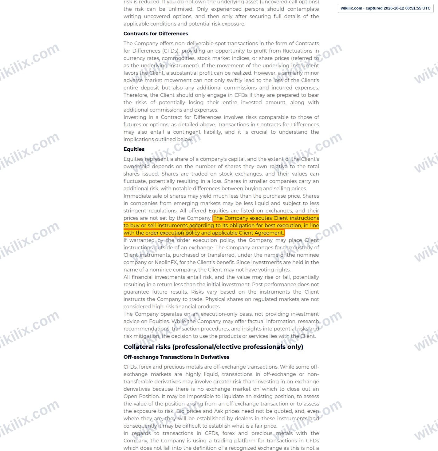 Our full page screenshot of the page this clause sits on, on NEOLINFX's site neolinfx.com, taken on Oct 12, 2026. The quoted words are marked in the image.
