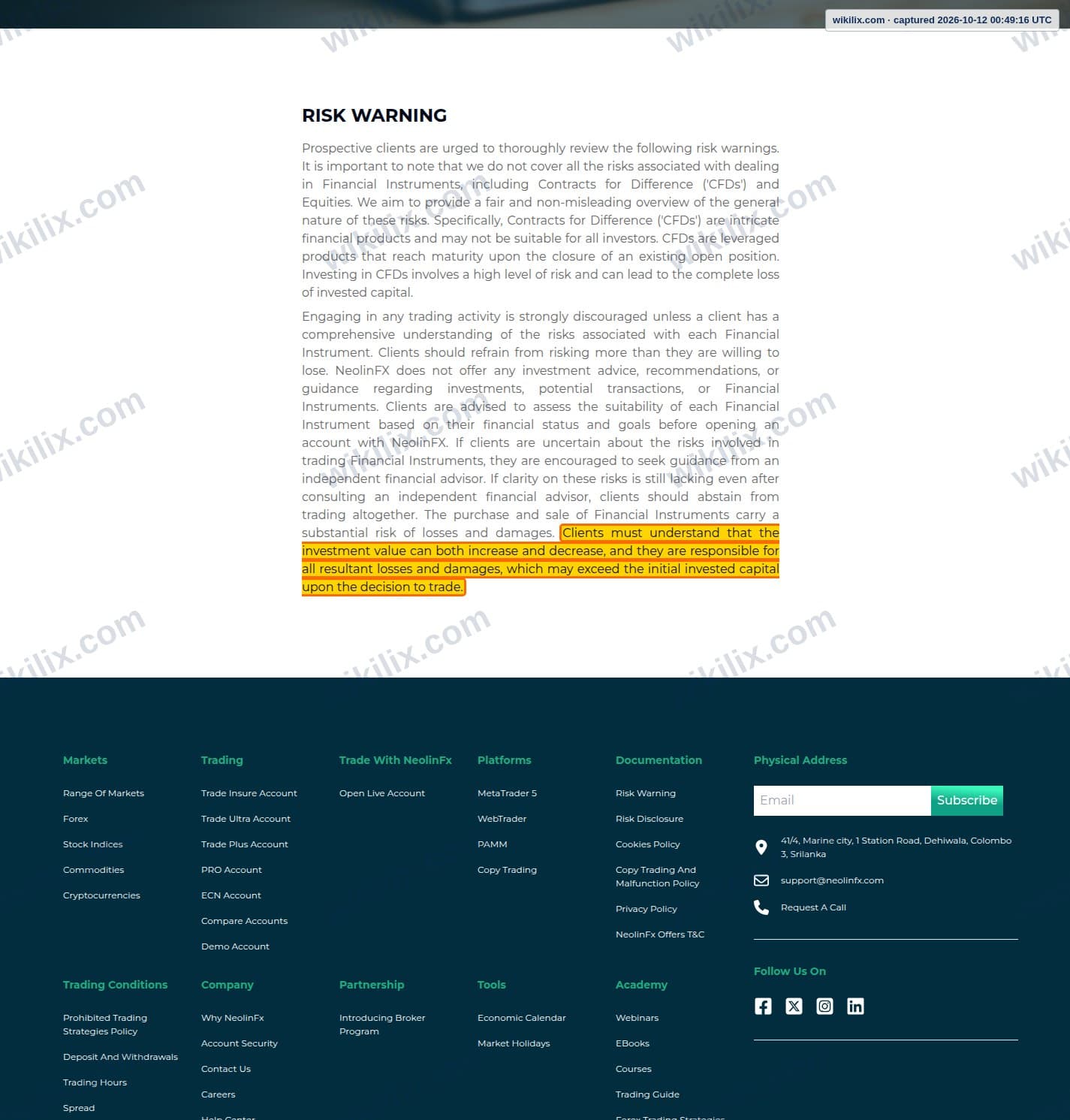 Our full page screenshot of the page this clause sits on, on NEOLINFX's site neolinfx.com, taken on Oct 12, 2026. The quoted words are marked in the image.