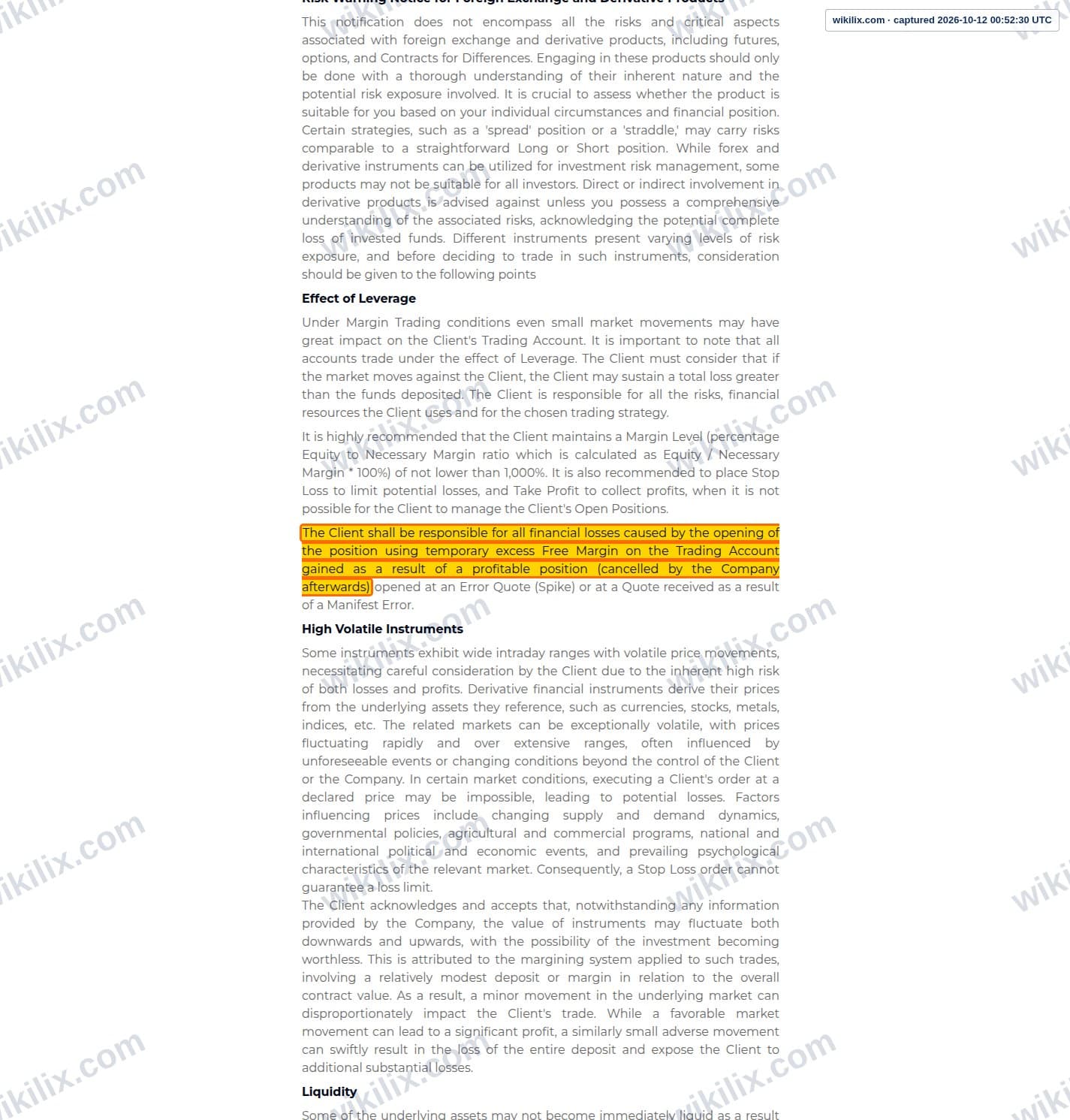 Our full page screenshot of the page this clause sits on, on NEOLINFX's site neolinfx.com, taken on Oct 12, 2026. The quoted words are marked in the image.