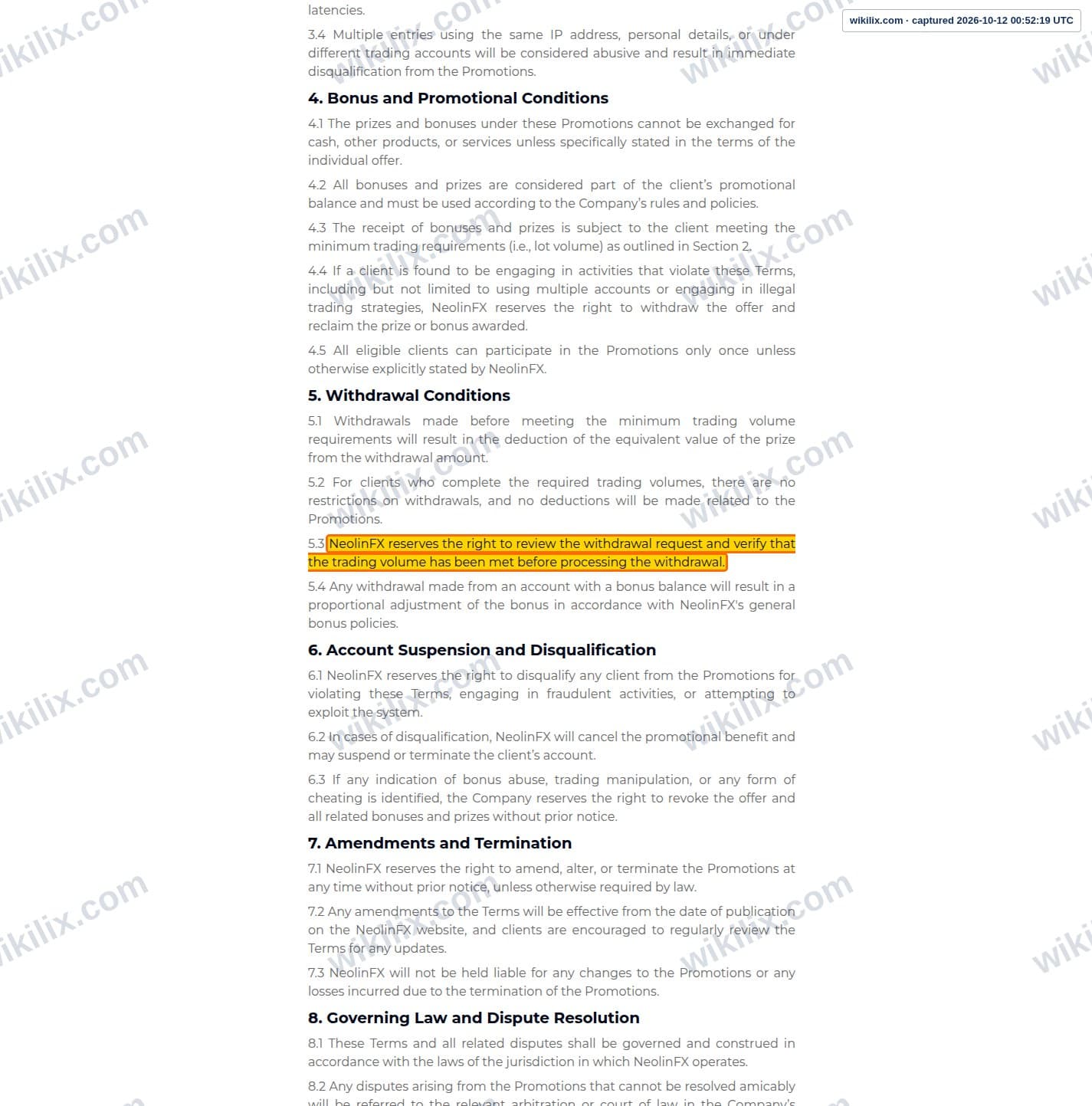 Our full page screenshot of the page this clause sits on, on NEOLINFX's site neolinfx.com, taken on Oct 12, 2026. The quoted words are marked in the image.