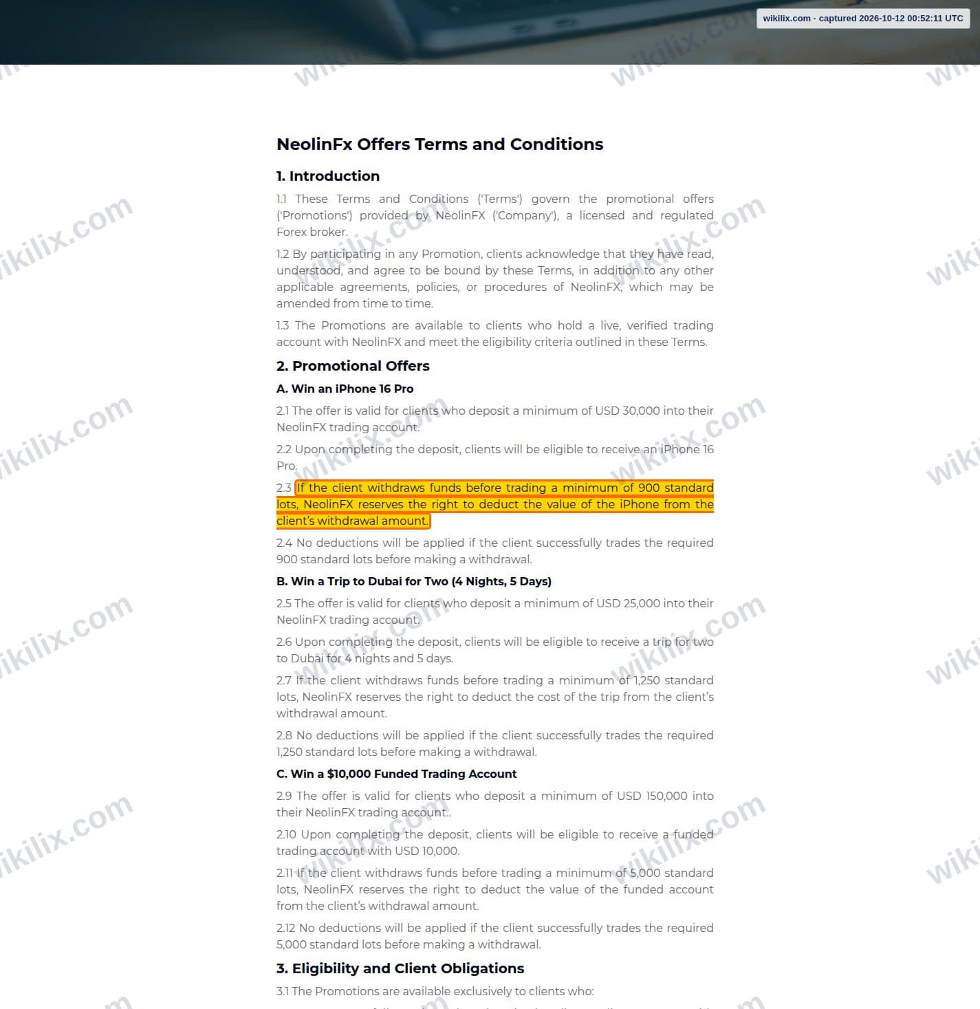 Our full page screenshot of the page this clause sits on, on NEOLINFX's site neolinfx.com, taken on Oct 12, 2026. The quoted words are marked in the image.