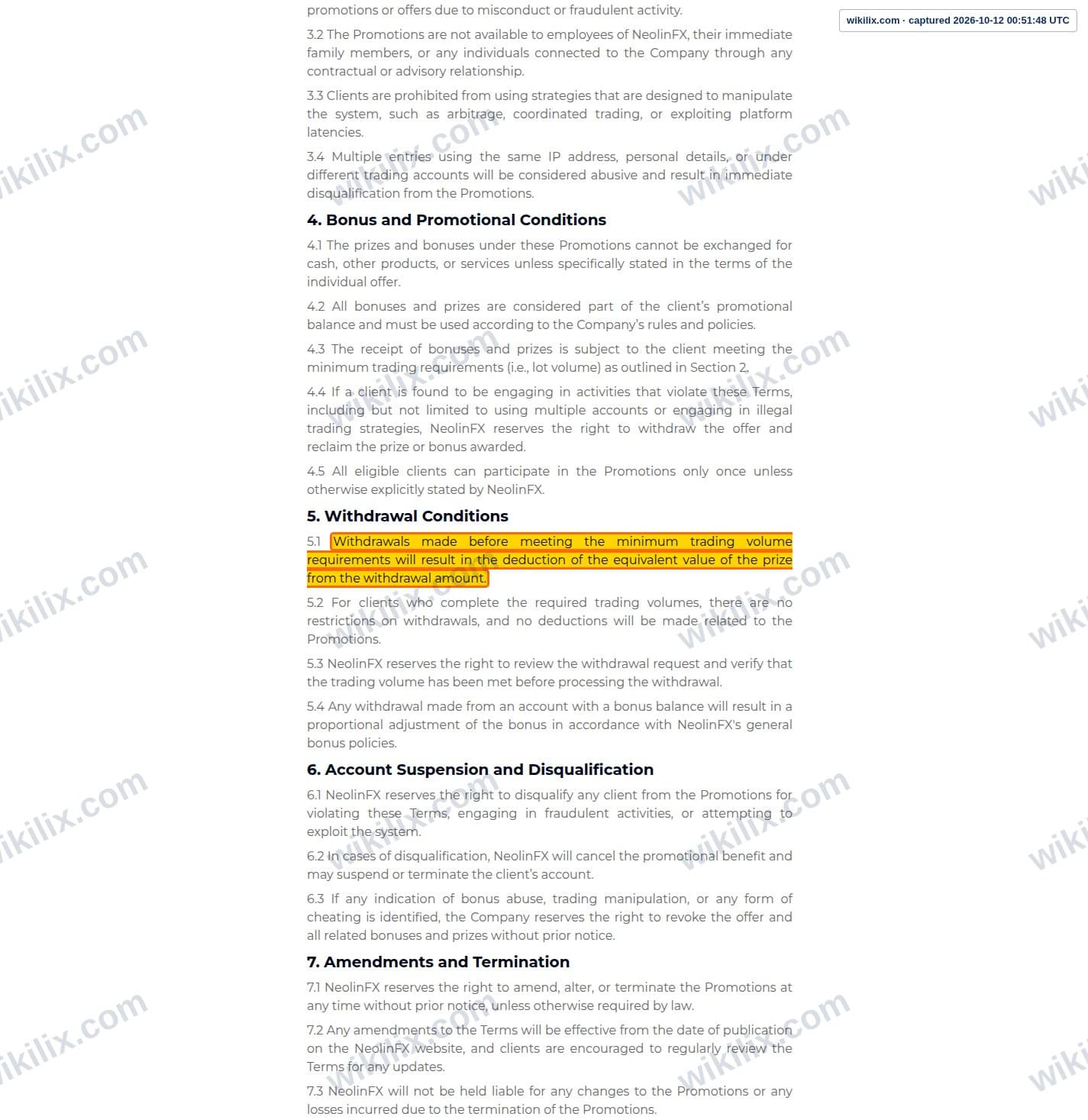 Our full page screenshot of the page this clause sits on, on NEOLINFX's site neolinfx.com, taken on Oct 12, 2026. The quoted words are marked in the image.