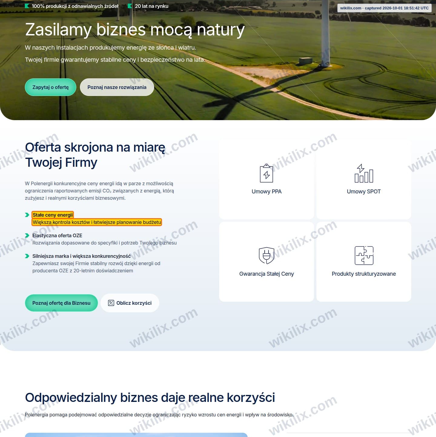 Our full page screenshot of the page that makes this promise, on Polenergia's site polenergia-obrot.pl, taken on Oct 1, 2026. The quoted words are marked in the image.