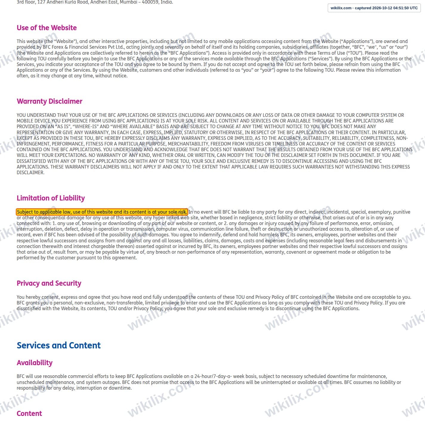 Our full page screenshot of the page this clause sits on, on BFC Forex's site bfcforex.com, taken on Oct 12, 2026. The quoted words are marked in the image.