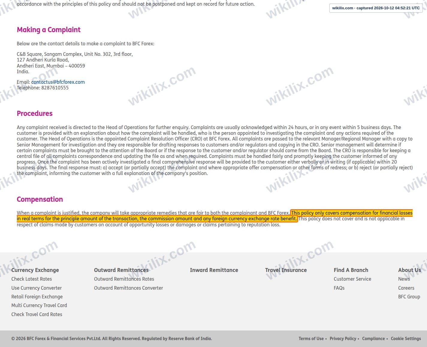 Our full page screenshot of the page this clause sits on, on BFC Forex's site bfcforex.com, taken on Oct 12, 2026. The quoted words are marked in the image.