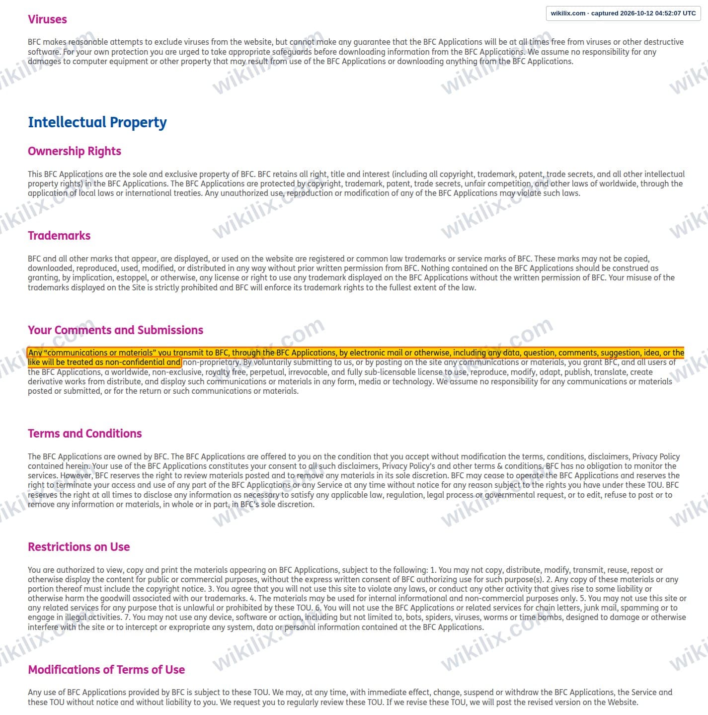 Our full page screenshot of the page this clause sits on, on BFC Forex's site bfcforex.com, taken on Oct 12, 2026. The quoted words are marked in the image.