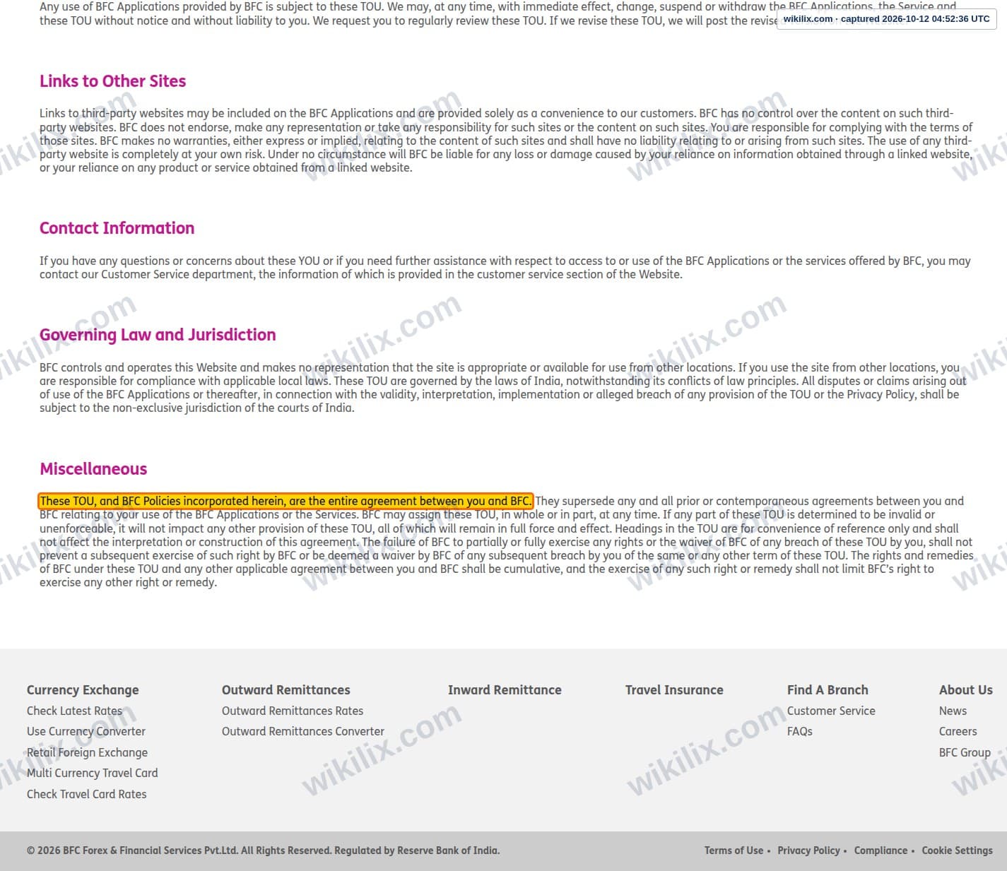 Our full page screenshot of the page this clause sits on, on BFC Forex's site bfcforex.com, taken on Oct 12, 2026. The quoted words are marked in the image.
