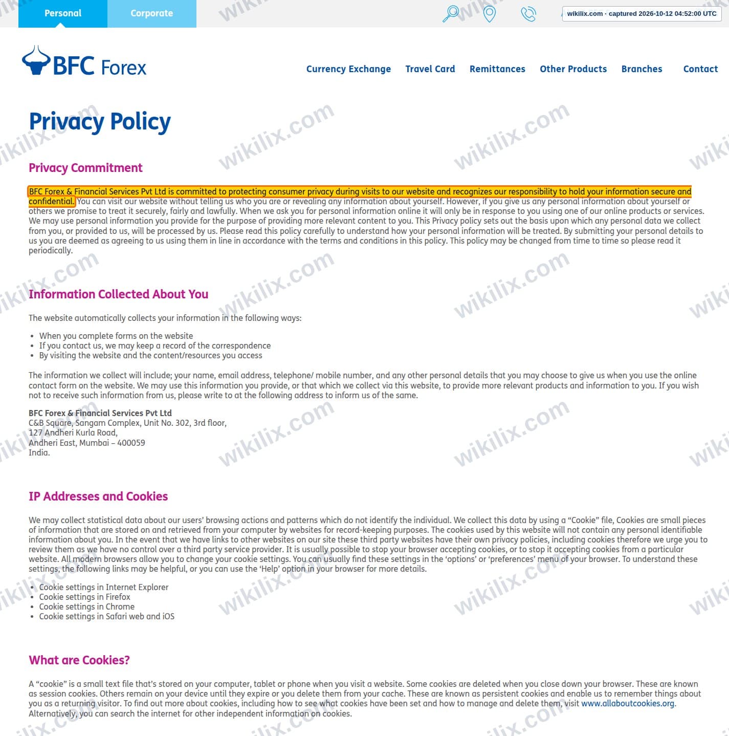 Our full page screenshot of the page that makes this promise, on BFC Forex's site bfcforex.com, taken on Oct 12, 2026. The quoted words are marked in the image.