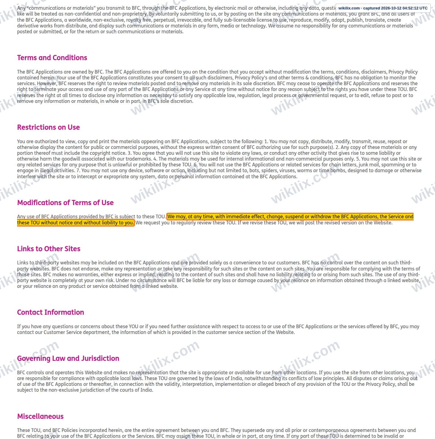 Our full page screenshot of the page this clause sits on, on BFC Forex's site bfcforex.com, taken on Oct 12, 2026. The quoted words are marked in the image.