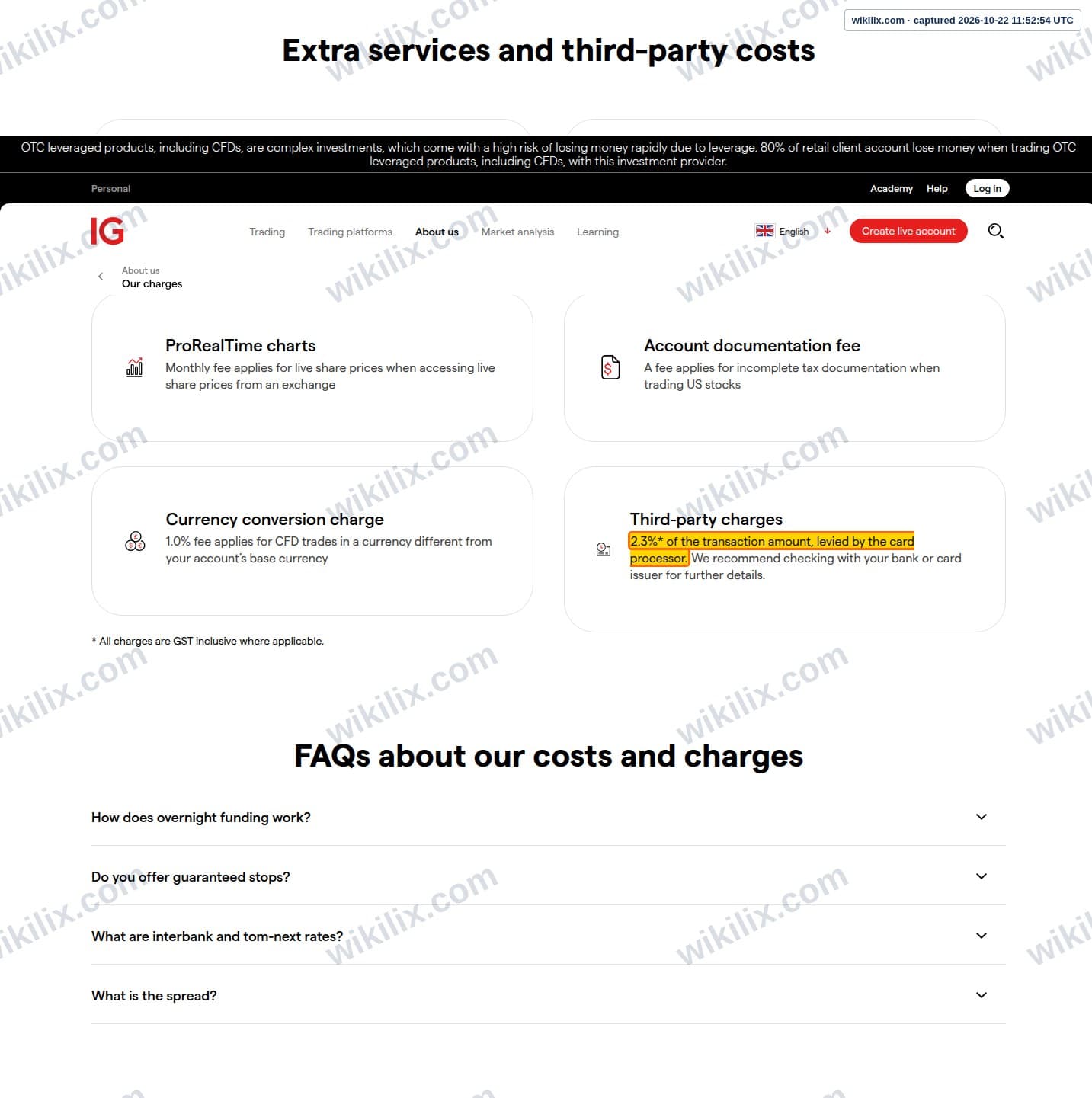 Our full page screenshot of the page this clause sits on, on IG's site ig.com, taken on Oct 22, 2026. The quoted words are marked in the image.