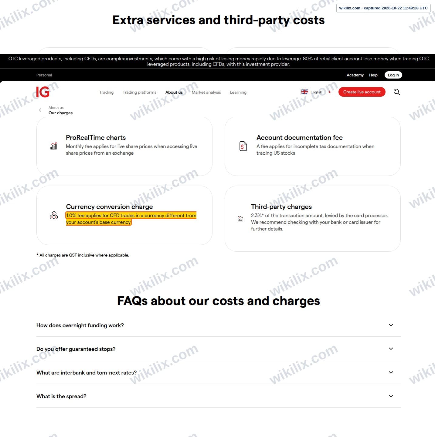 Our full page screenshot of the page this clause sits on, on IG's site ig.com, taken on Oct 22, 2026. The quoted words are marked in the image.
