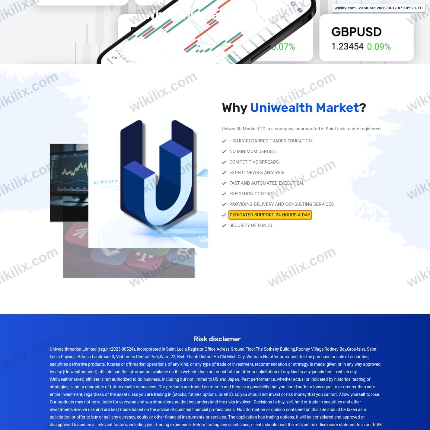 Our full page screenshot of the page that makes this promise, on UNIWEALTH MARKET's site uniwealthmarket.com, taken on Oct 17, 2026. The quoted words are marked in the image.