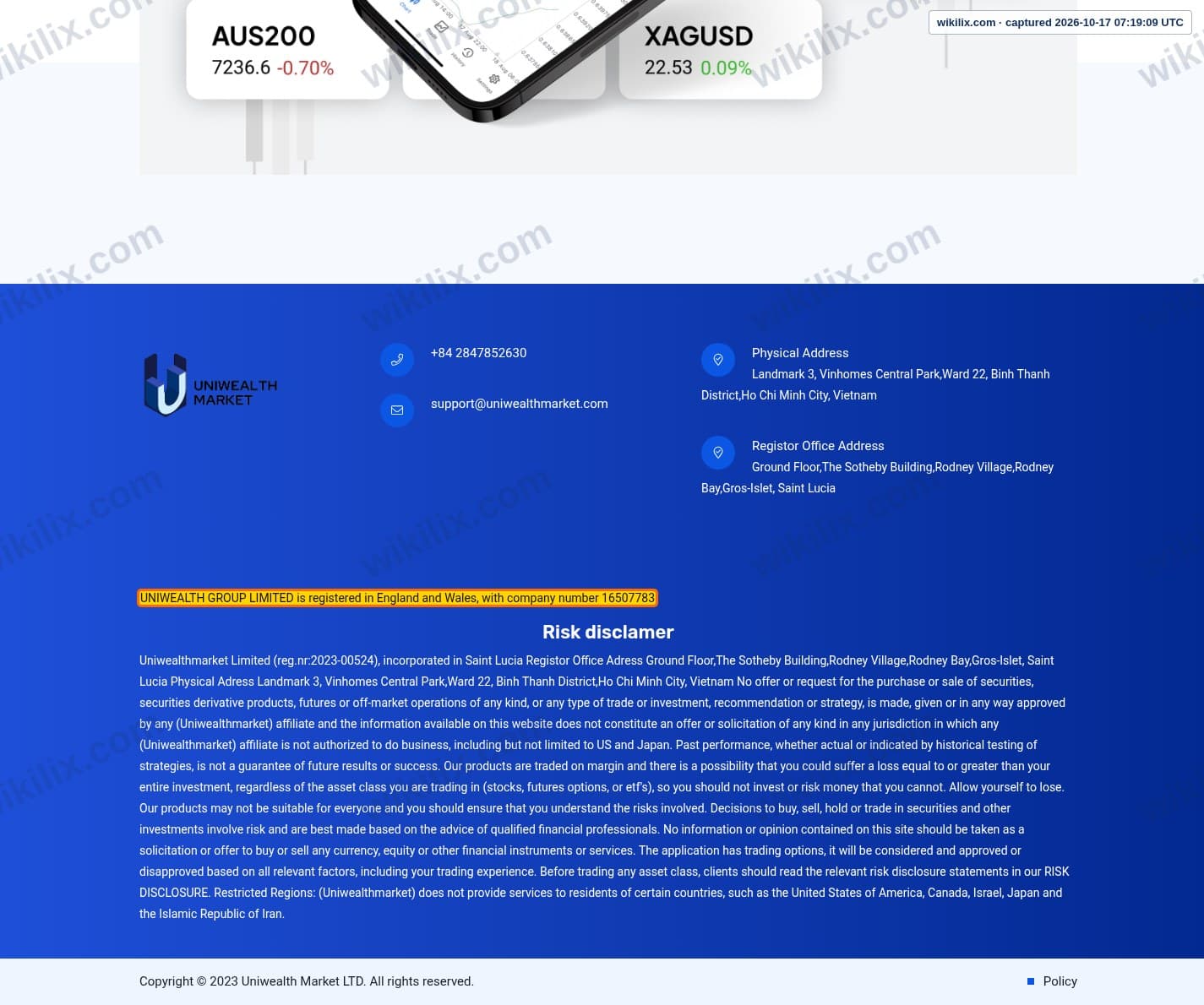 Our full page screenshot of the page this clause sits on, on UNIWEALTH MARKET's site uniwealthmarket.com, taken on Oct 17, 2026. The quoted words are marked in the image.